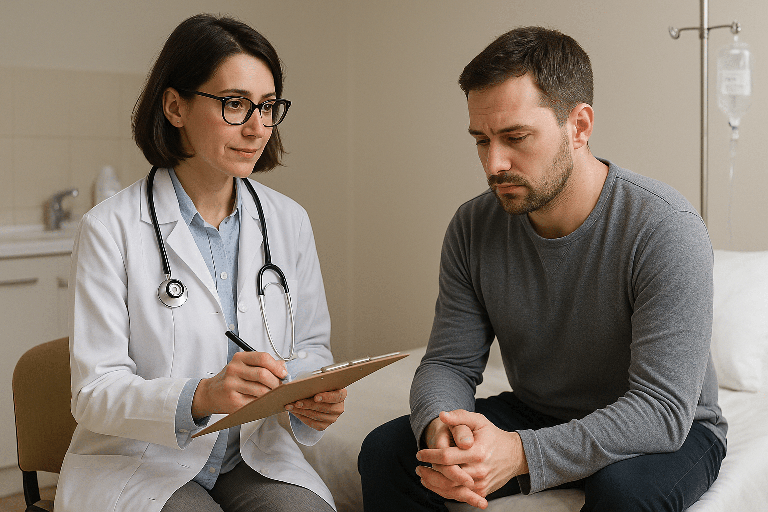 Doctora conversa con paciente en consulta médica en un entorno seguro | Clínica Finca Solarium