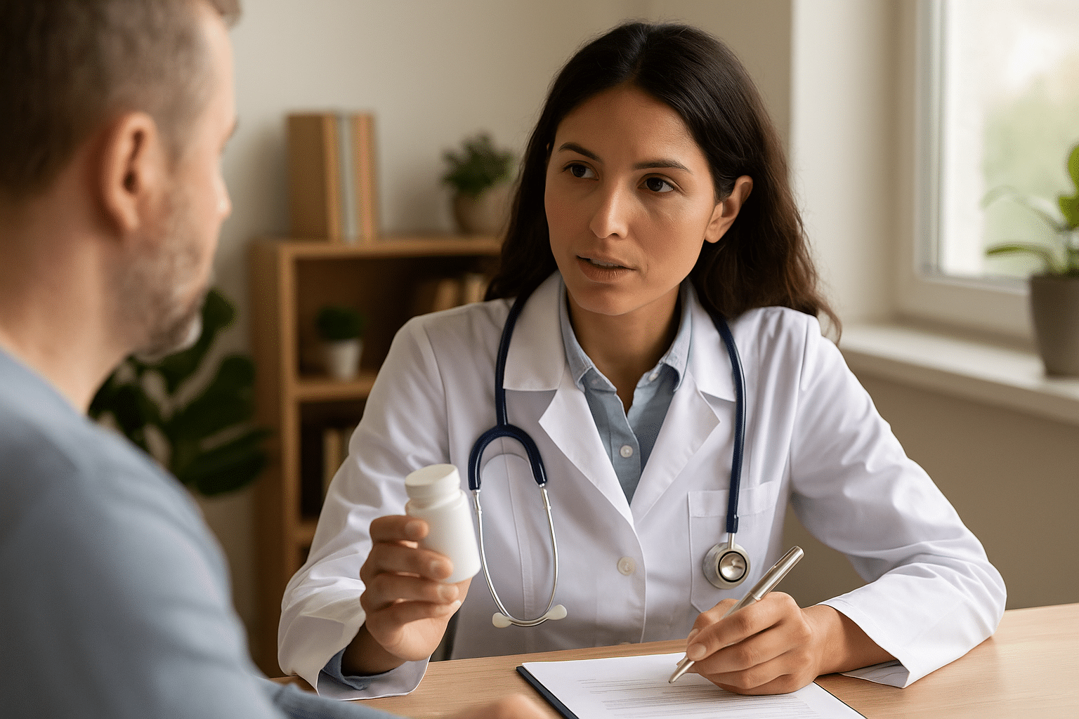 Doctora hispana entrega medicamento de prescripción a paciente en consulta médica | Clínica Finca Solarium