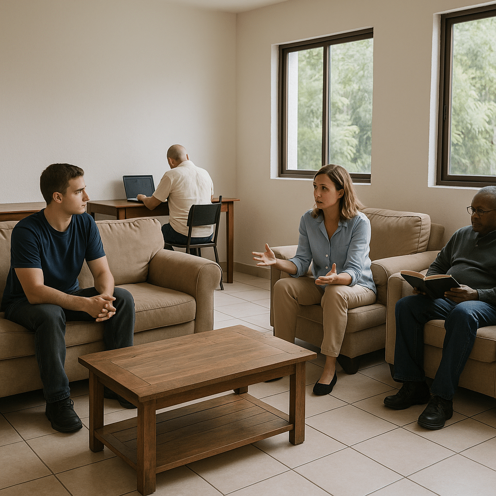 Espacio de convivencia en la Casa de Medio Camino con pacientes y terapeuta en sesión grupal | Clínica Finca Solarium