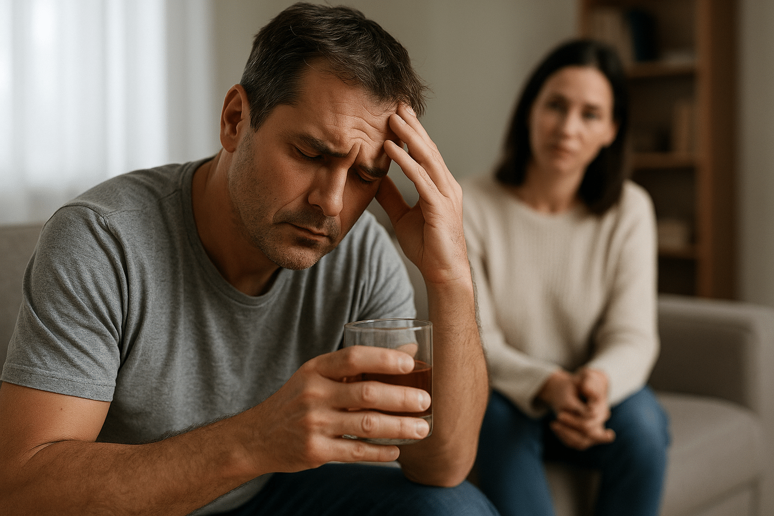 Hombre con gesto preocupado sostiene un vaso con alcohol mientras una mujer lo observa con atención en un ambiente hogareño | Clínica Finca Solarium