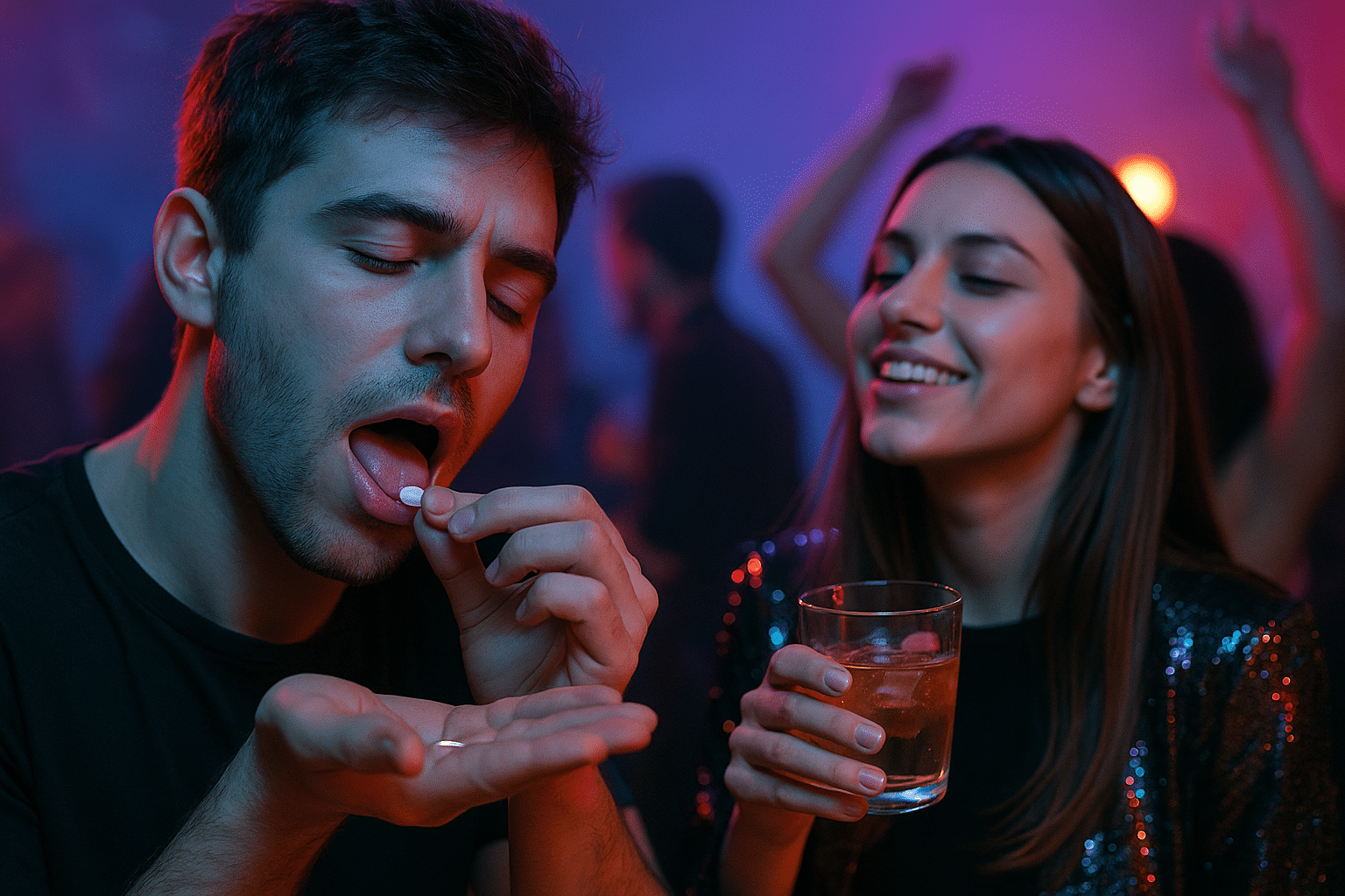 Joven consumiendo una pastilla en una fiesta con luces de colores, mientras una mujer sonríe con un vaso en la mano | Clínica Finca Solarium