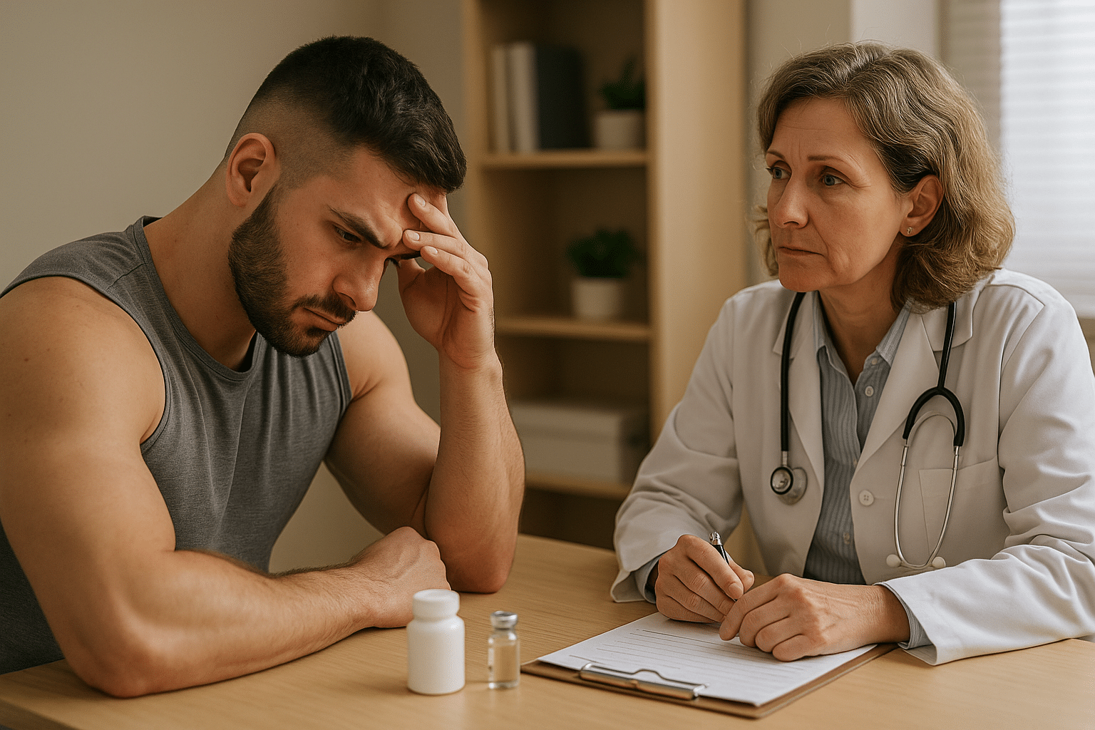 Paciente con problemas de adicción a esteroides en consulta médica con especialista | Clínica Finca Solarium