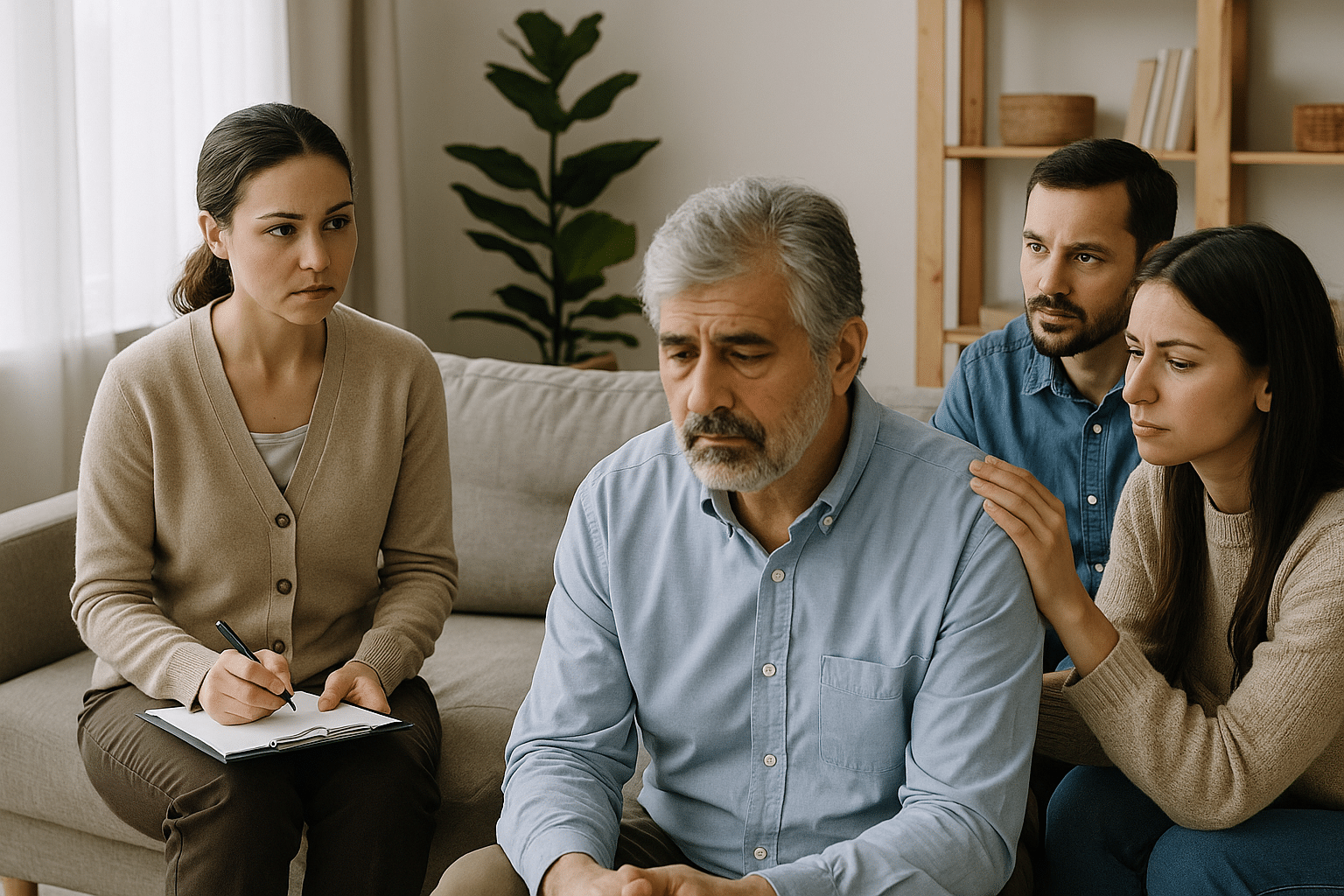 Sesión de terapia familiar con paciente adulto mayor acompañado de familiares y terapeuta | Clínica Finca Solarium