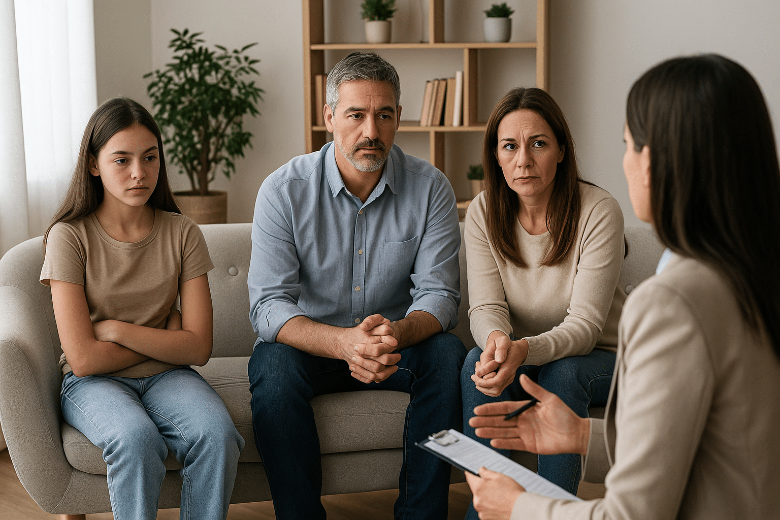Familia en sesión de terapia familiar guiada por terapeuta profesional en un consultorio moderno y acogedor | Clínica Finca Solarium